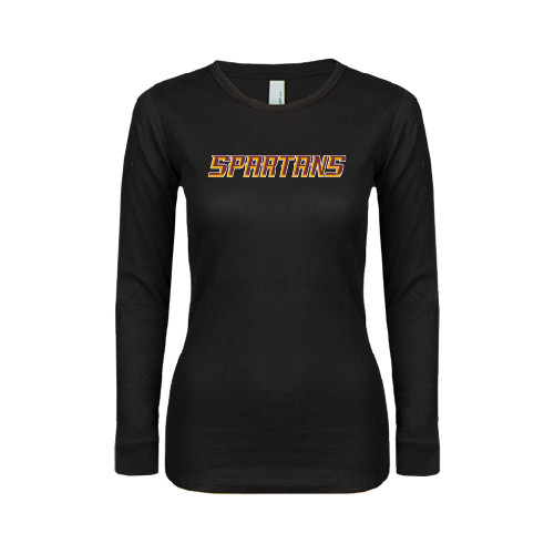  Womens Black Long Sleeve V Neck Tee  - Spartans Word Mark