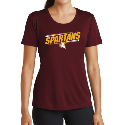  Womens Maroon Performance Short Sleeve Tee - Spartans Angled