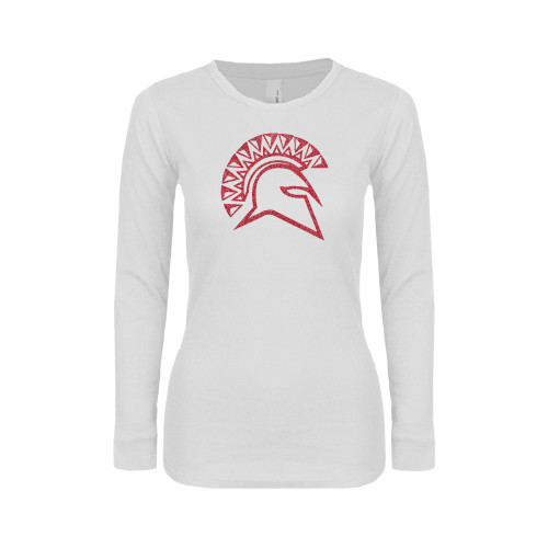  Womens White Long Sleeve V Neck Tee - Official Logo Pink Glitter