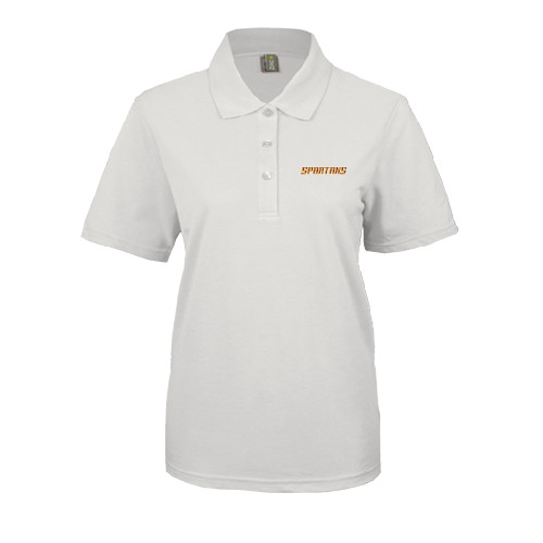  Womens Silk Touch White Pique Polo - Spartans Word Mark