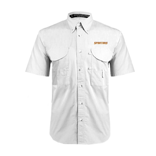  White Fishing Shirt Performance Short Sleeve - Spartans Word Mark