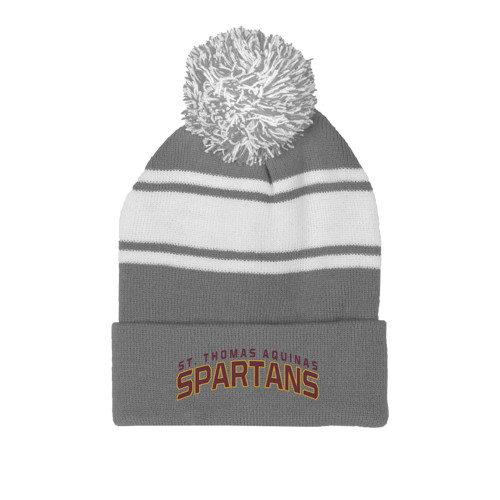  Grey/White Two Tone Knit Pom Beanie w/Cuff - St. Thomas Aquinas Spartans Arched