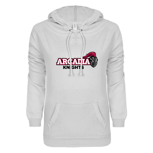  ENZA Womens White V Notch Raw Edge Fleece Hoodie - Official Logo