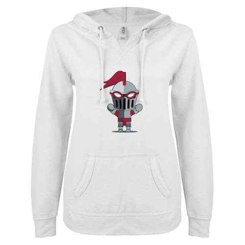  ENZA Womens White V Notch Raw Edge Fleece Hoodie - Arcadia Mini Knight Swimming