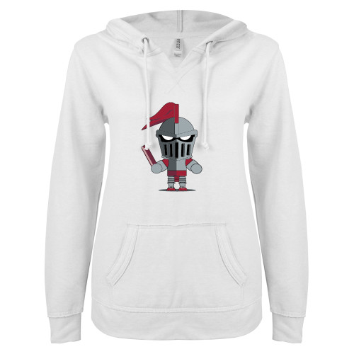  ENZA Womens White V Notch Raw Edge Fleece Hoodie - Arcadia Mini Knight Track and Field