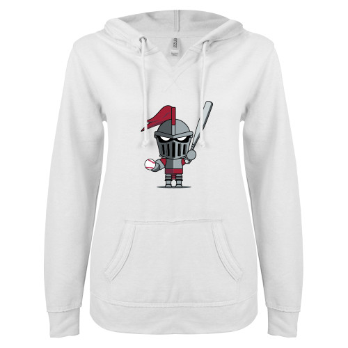 ENZA Womens White V Notch Raw Edge Fleece Hoodie - Arcadia Mini Knight Baseball