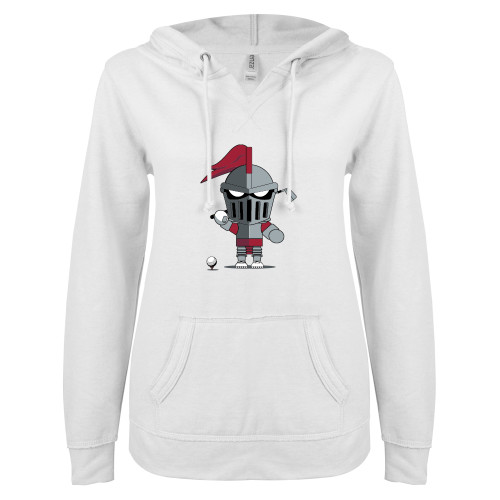  ENZA Womens White V Notch Raw Edge Fleece Hoodie - Arcadia Mini Knight Golf