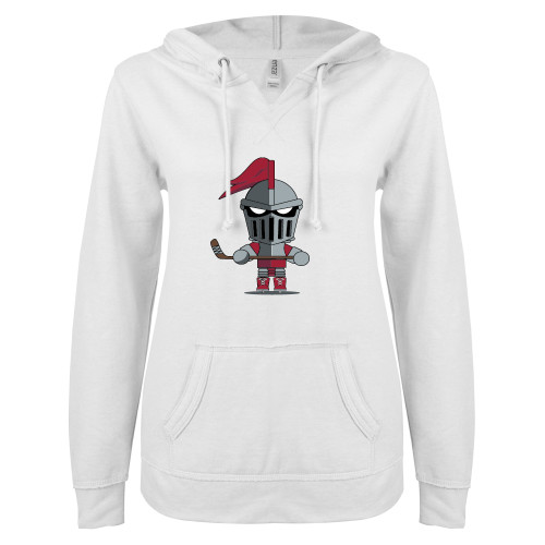  ENZA Womens White V Notch Raw Edge Fleece Hoodie - Arcadia Mini Knight Ice Hockey
