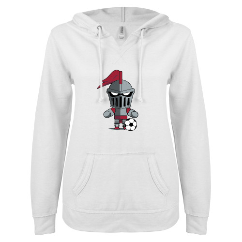  ENZA Womens White V Notch Raw Edge Fleece Hoodie - Arcadia Mini Knight Soccer