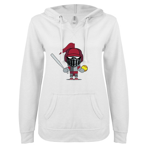  ENZA Womens White V Notch Raw Edge Fleece Hoodie - Arcadia Mini Knight Softball