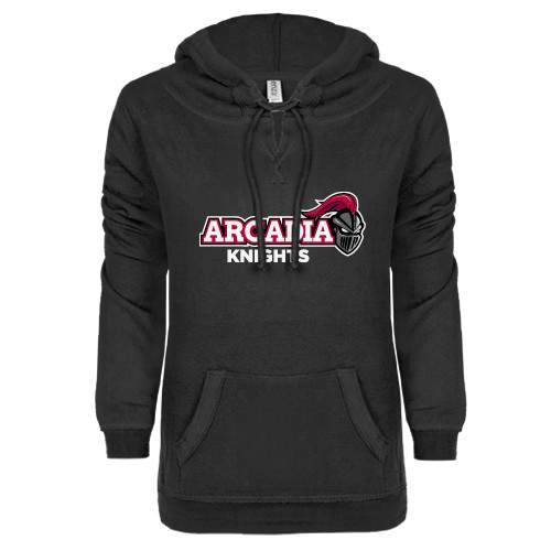  ENZA Womens Black V Notch Raw Edge Fleece Hoodie - Official Logo