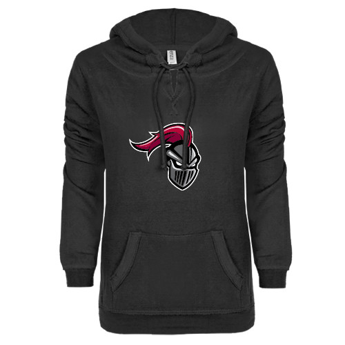  ENZA Womens Black V Notch Raw Edge Fleece Hoodie - Knight