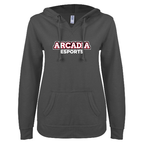  ENZA Womens Dark Heather V Notch Raw Edge Fleece Hoodie - E Sports Wordmark