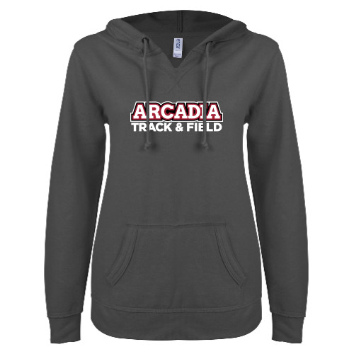  ENZA Womens Dark Heather V Notch Raw Edge Fleece Hoodie - Track and Field Word Mark