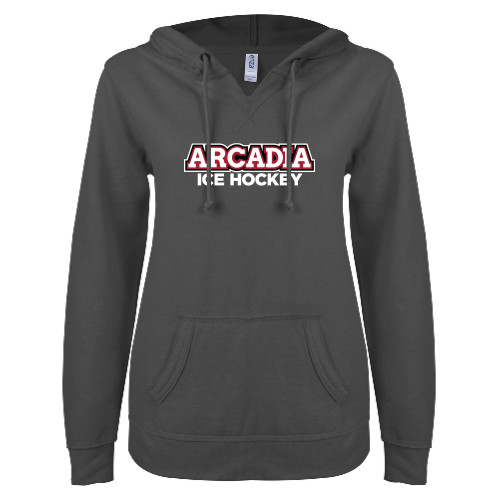  ENZA Womens Dark Heather V Notch Raw Edge Fleece Hoodie - Ice Hockey Word Mark