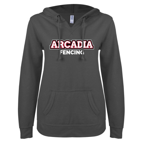  ENZA Womens Dark Heather V Notch Raw Edge Fleece Hoodie - Fencing Wordmark