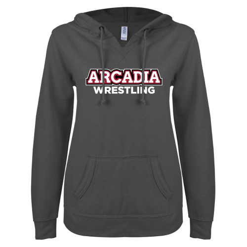  ENZA Womens Dark Heather V Notch Raw Edge Fleece Hoodie - Wrestling Wordmark
