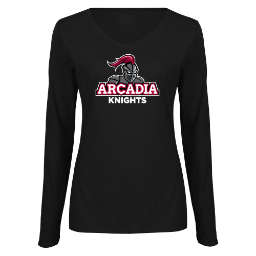  Womens Black Long Sleeve V Neck Tee  - Arcadia Knights Stacked