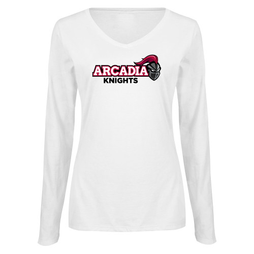 Womens White Long Sleeve V Neck Tee - Official Logo
