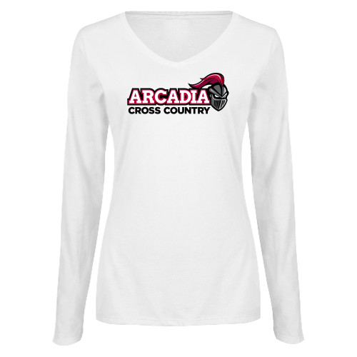  Womens White Long Sleeve V Neck Tee  - Cross Country