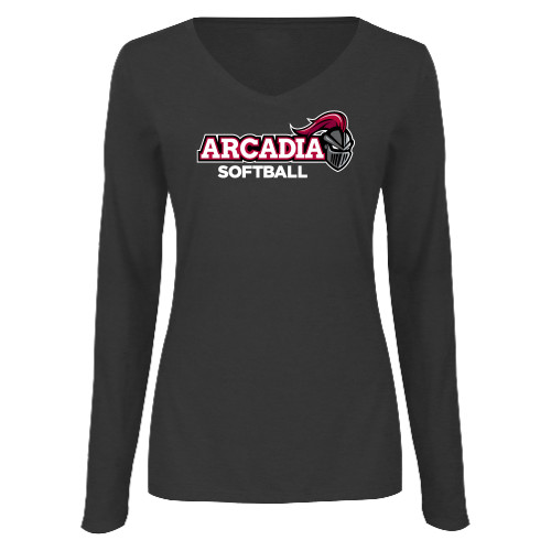  Womens Dark Heather Long Sleeve V Neck Tee  - Softball