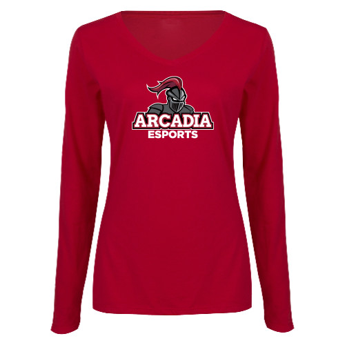  Womens Cardinal Long Sleeve V Neck Tee  - E Sports Stacked