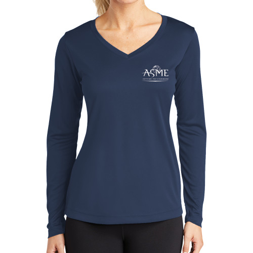 Womens Navy Performance Long Sleeve V Neck Shirt-ASME
