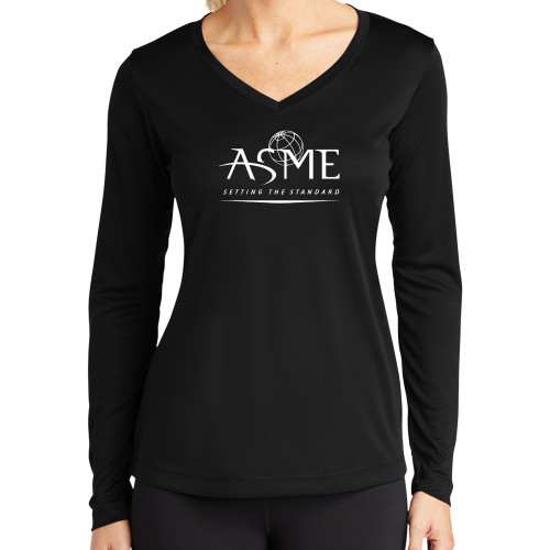 Womens Black Performance Long Sleeve V Neck Shirt-ASME