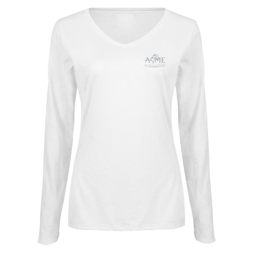 Womens White Long Sleeve V Neck Tee-ASME