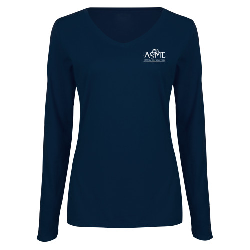 Womens Navy Long Sleeve V Neck Tee-ASME