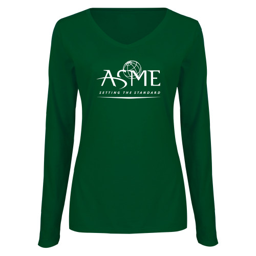 Womens Dark Green Long Sleeve V Neck Tee -ASME