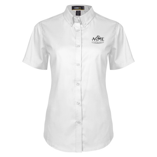 Womens White Twill Button Up Short Sleeve-ASME