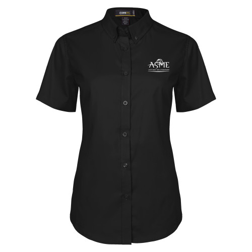 Womens Black Twill Button Up Short Sleeve-ASME