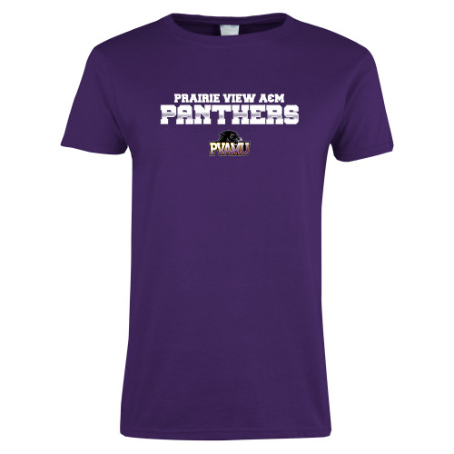  Womens Purple Short Sleeve Tee - Collegiate Stacked Prairie View A&M Panthers