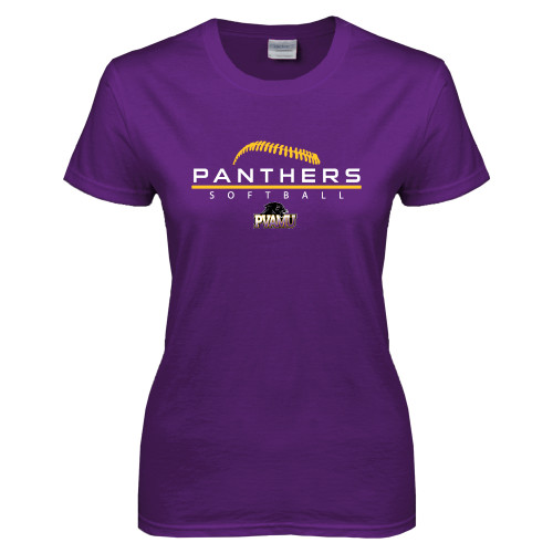  Womens Purple Short Sleeve Tee - Softball Design