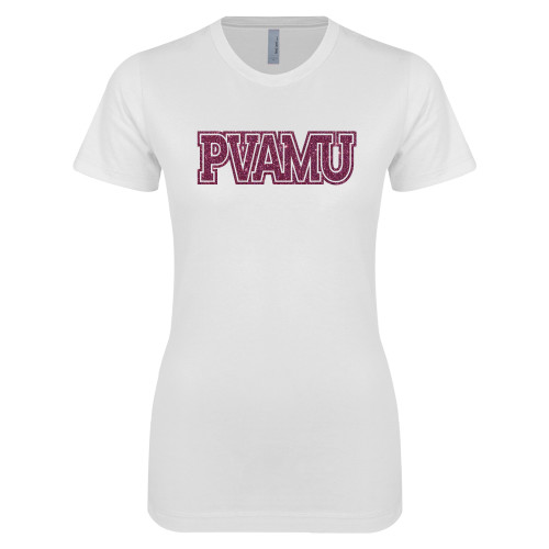  Next Level Womens White Boyfriend Tee - PVAMU Pink Glitter