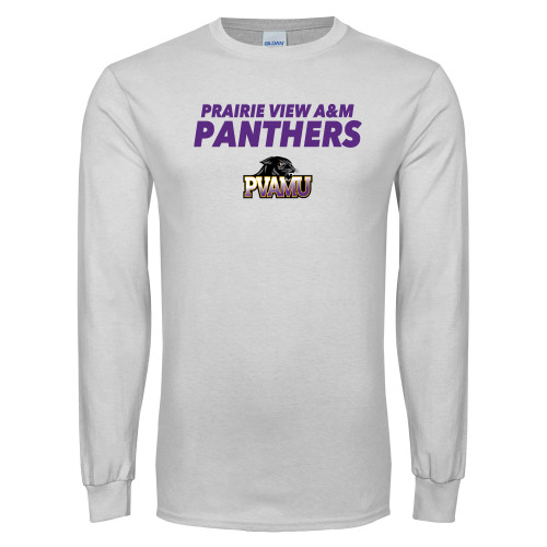  White Long Sleeve T Shirt - Stacked Prairie View A&M Panthers