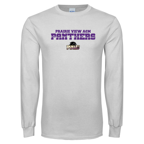  White Long Sleeve T Shirt - Collegiate Stacked Prairie View A&M Panthers