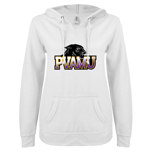  ENZA Womens White V Notch Raw Edge Fleece Hoodie - Official Logo