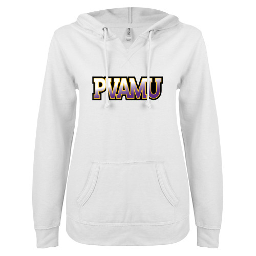 ENZA Womens White V Notch Raw Edge Fleece Hoodie - PVAMU