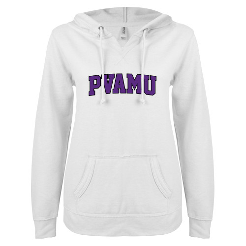  ENZA Womens White V Notch Raw Edge Fleece Hoodie - Arched PVAMU