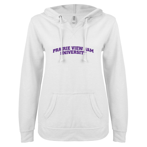  ENZA Womens White V Notch Raw Edge Fleece Hoodie - Arched Prairie View A&M