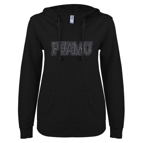  ENZA Womens Black V Notch Raw Edge Fleece Hoodie - PVAMU Graphite Glitter