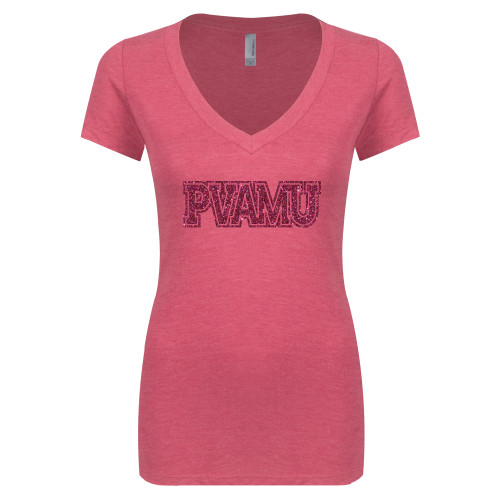  Next Level Ladies Vintage Pink Tri Blend V Neck Tee - PVAMU Hot Pink Glitter