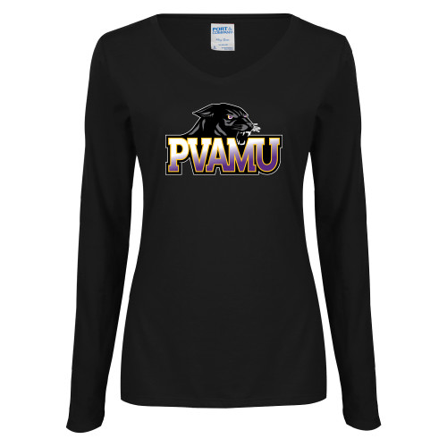  Womens Black Long Sleeve V Neck Tee  - Official Logo