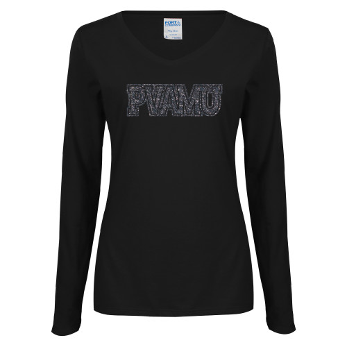  Womens Black Long Sleeve V Neck Tee  - PVAMU Graphite Glitter