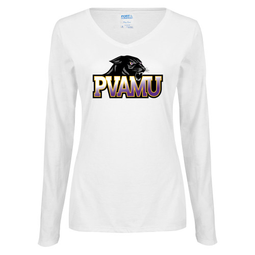  Womens White Long Sleeve V Neck Tee - Official Logo