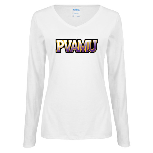  Womens White Long Sleeve V Neck Tee - PVAMU