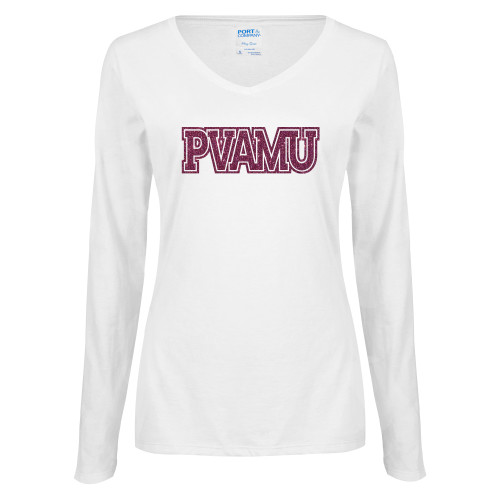  Womens White Long Sleeve V Neck Tee - PVAMU Pink Glitter