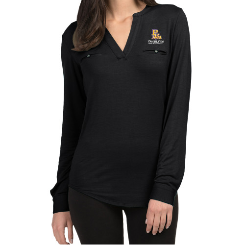  Ladies Lux Black Split Neck Blouse - PVAM Stacked